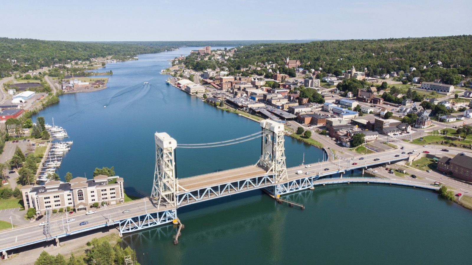Aerial view of Houghton and Hancock on either side of the Portage waterway