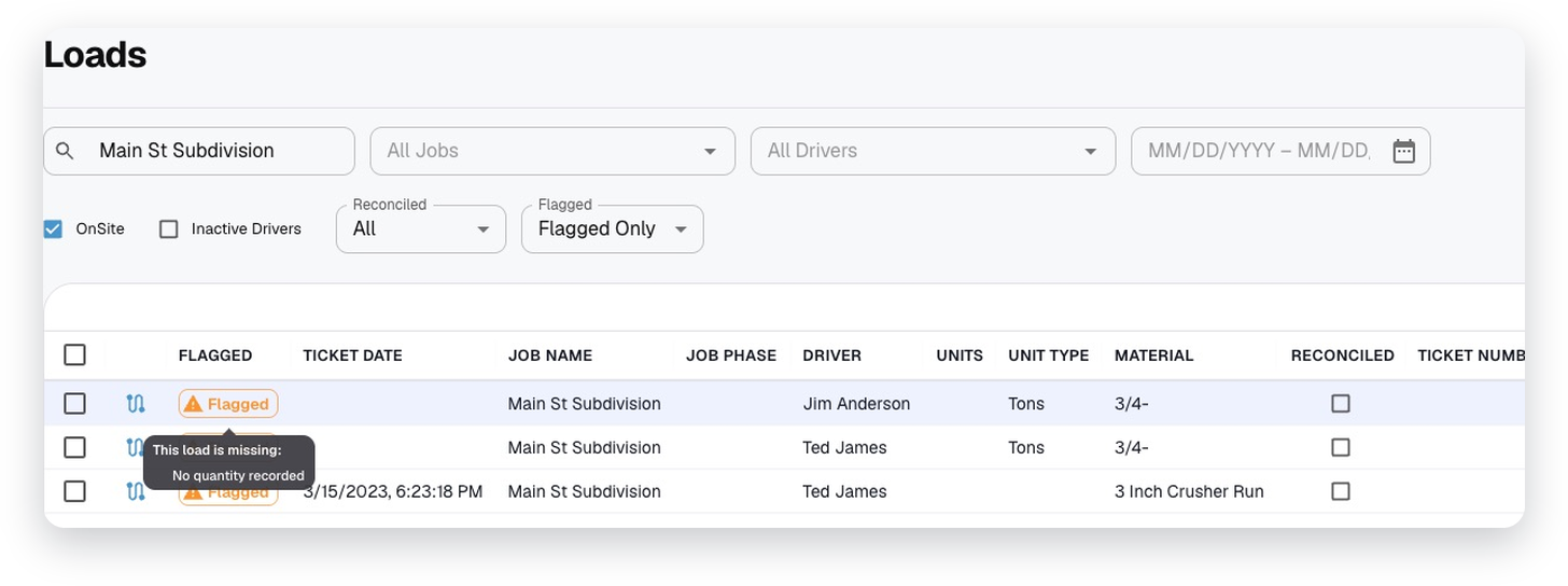 Flagged loads in LoadTraxx, one showing it has no quantity recorded
