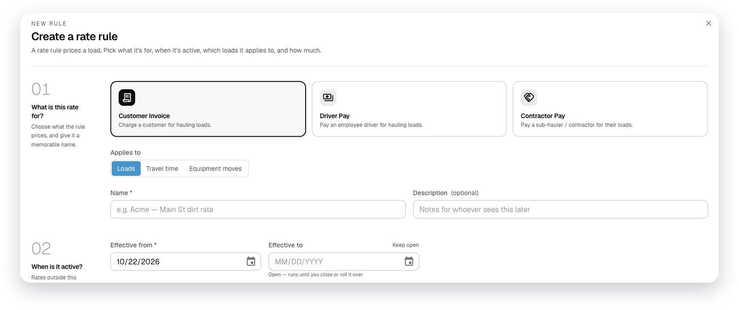 Creating a rate rule in LoadTraxx: customer invoice, driver pay or contractor pay, when it's active, and which loads it applies to