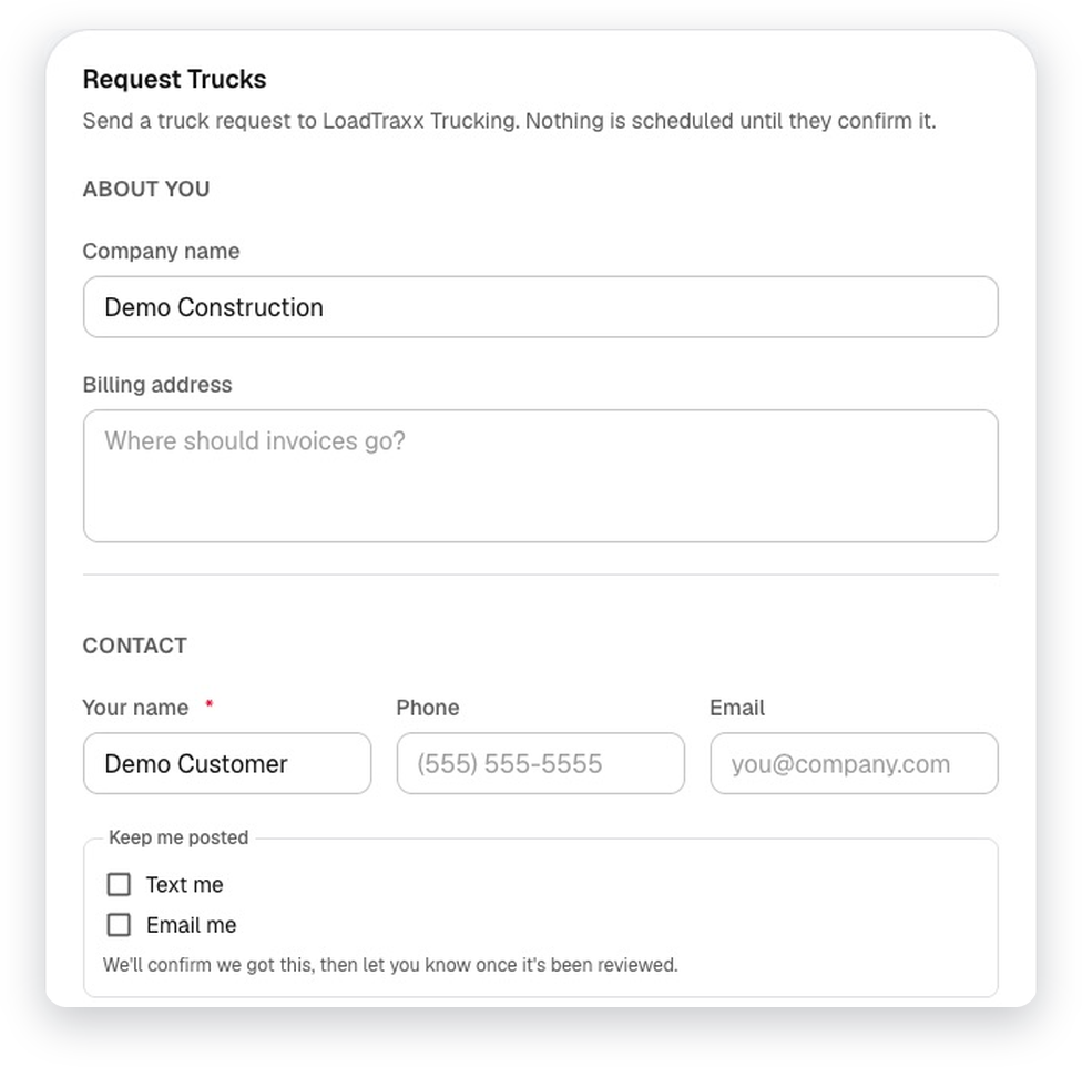 The truck request form a customer fills in, no login needed