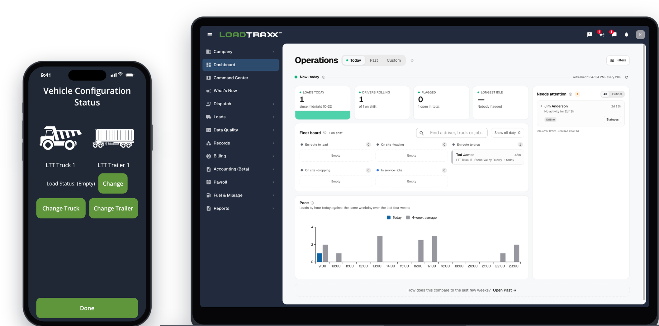 The LoadTraxx driver app on a phone and the back office on a laptop
