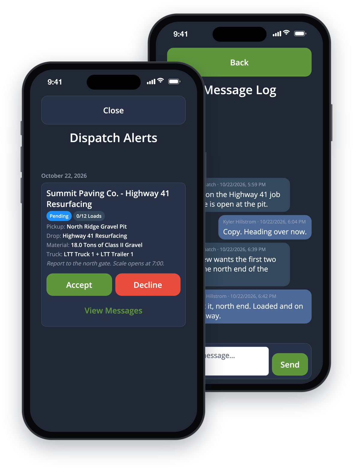A new dispatch with Accept and Decline, and the dispatch's message log, in the LoadTraxx driver app