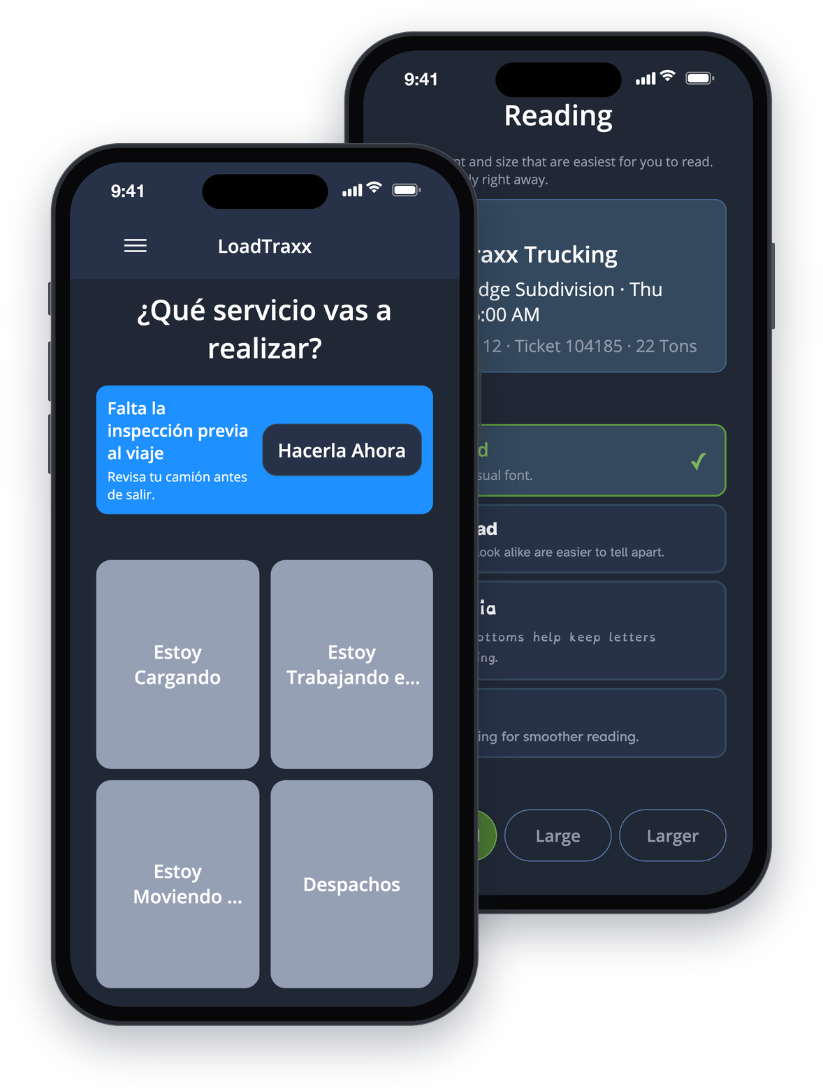 The LoadTraxx driver app in Spanish, and its reading options