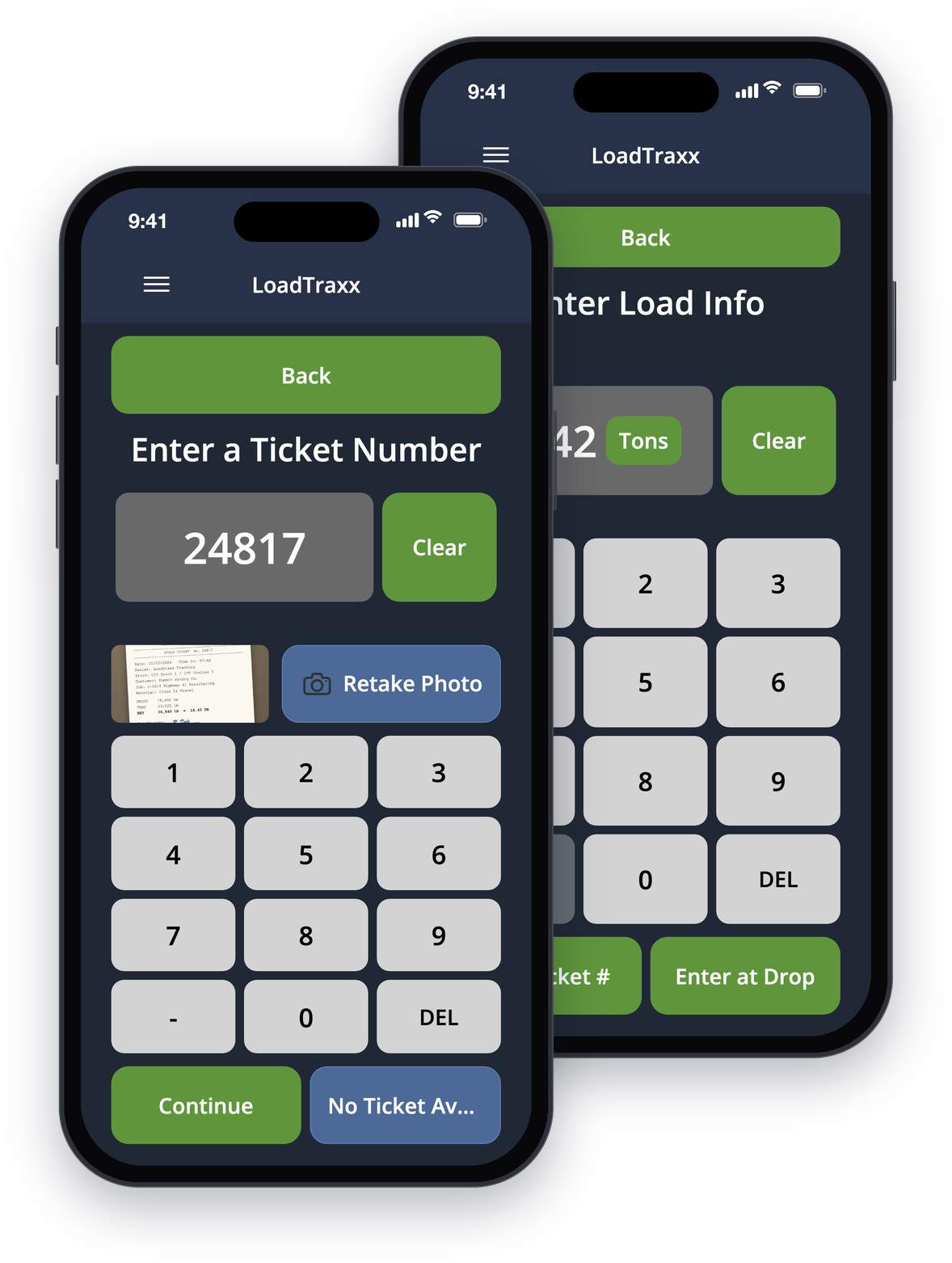 Entering a ticket number with a photo of the paper ticket, and the load quantity, in the LoadTraxx driver app