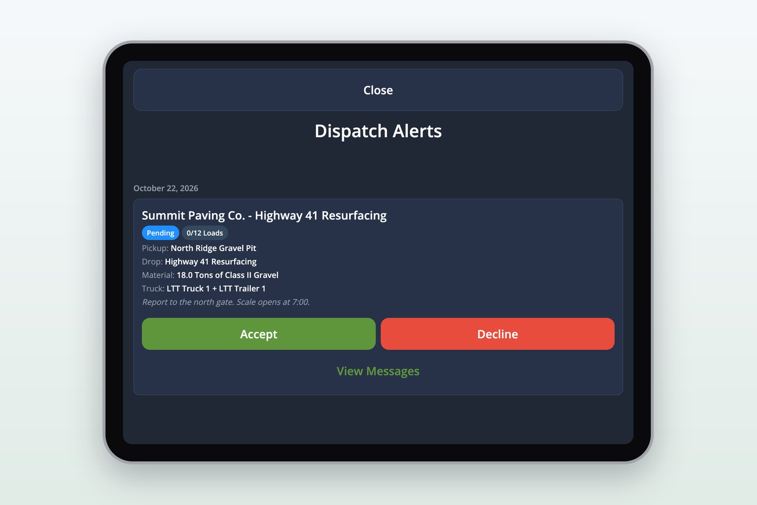 A dispatch alert in the LoadTraxx driver app