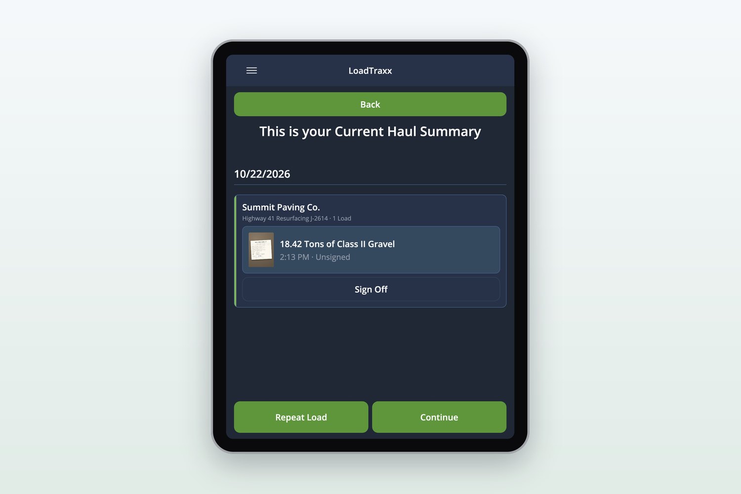 A haul summary in the LoadTraxx driver app